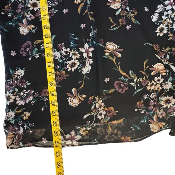 IZ Byer Black Floral Chiffon Top Size L Ruffled Boho Dark Floral Whimsigoth - Picture 5 of 8